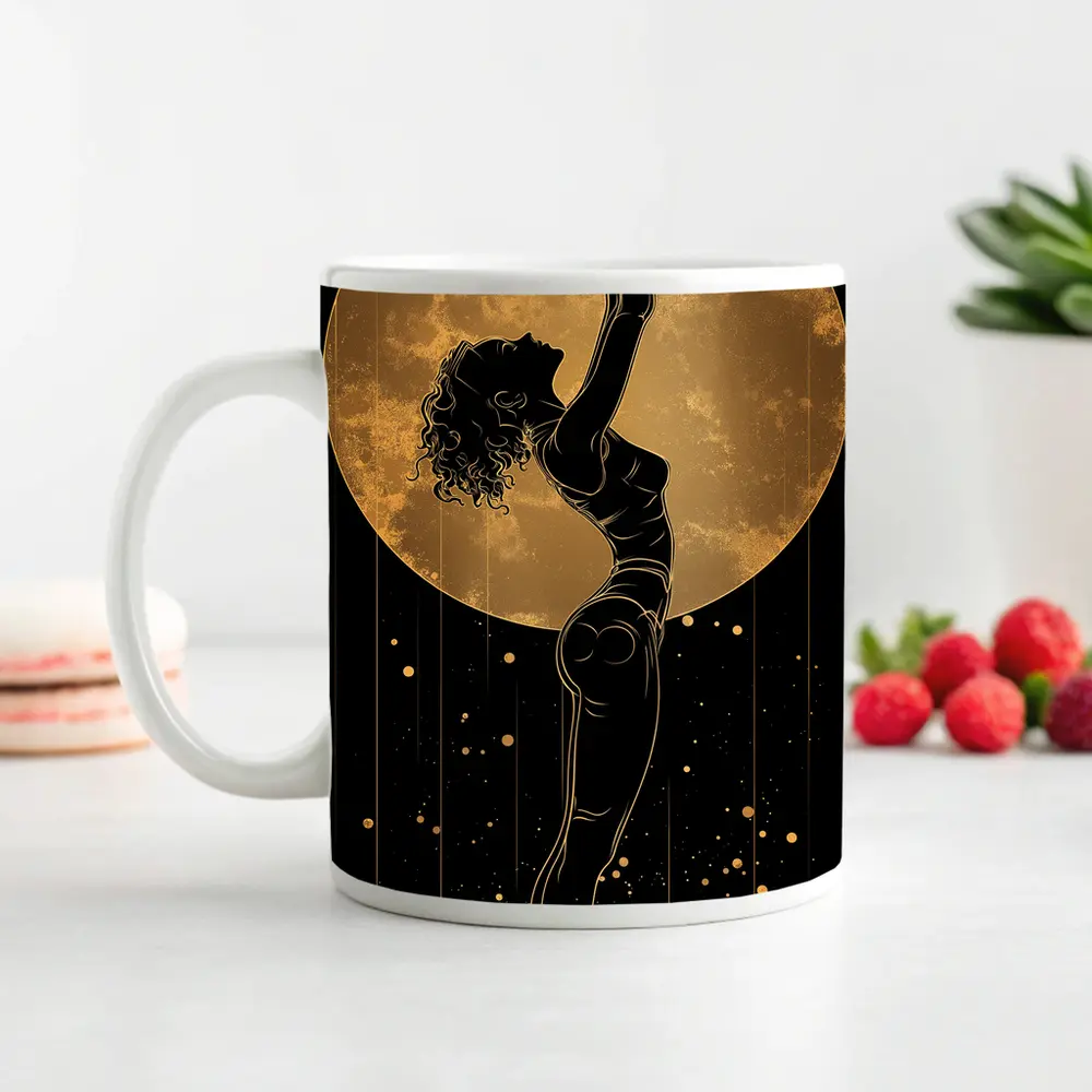 Dancer Silhouette Golden Moon Black Background – Mugs