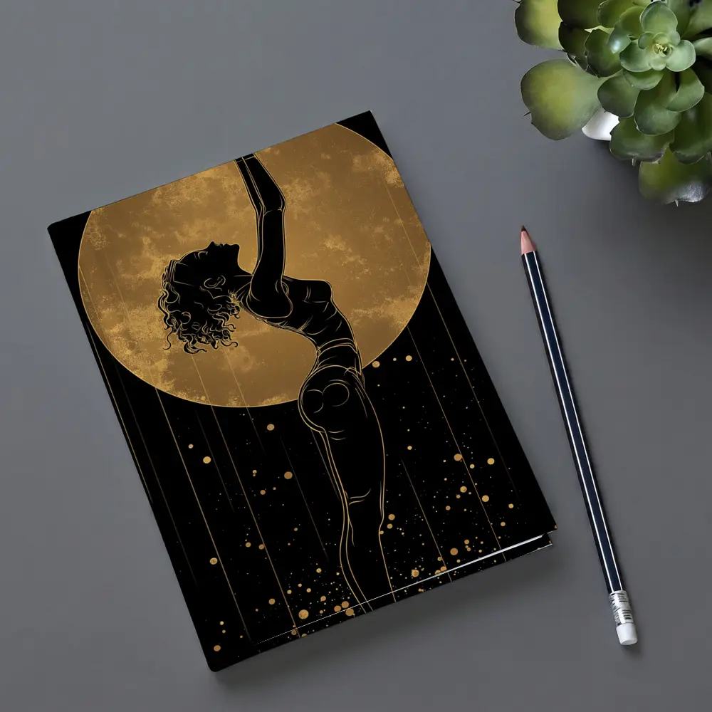Dancer Silhouette Golden Moon Black Background – Notebooks
