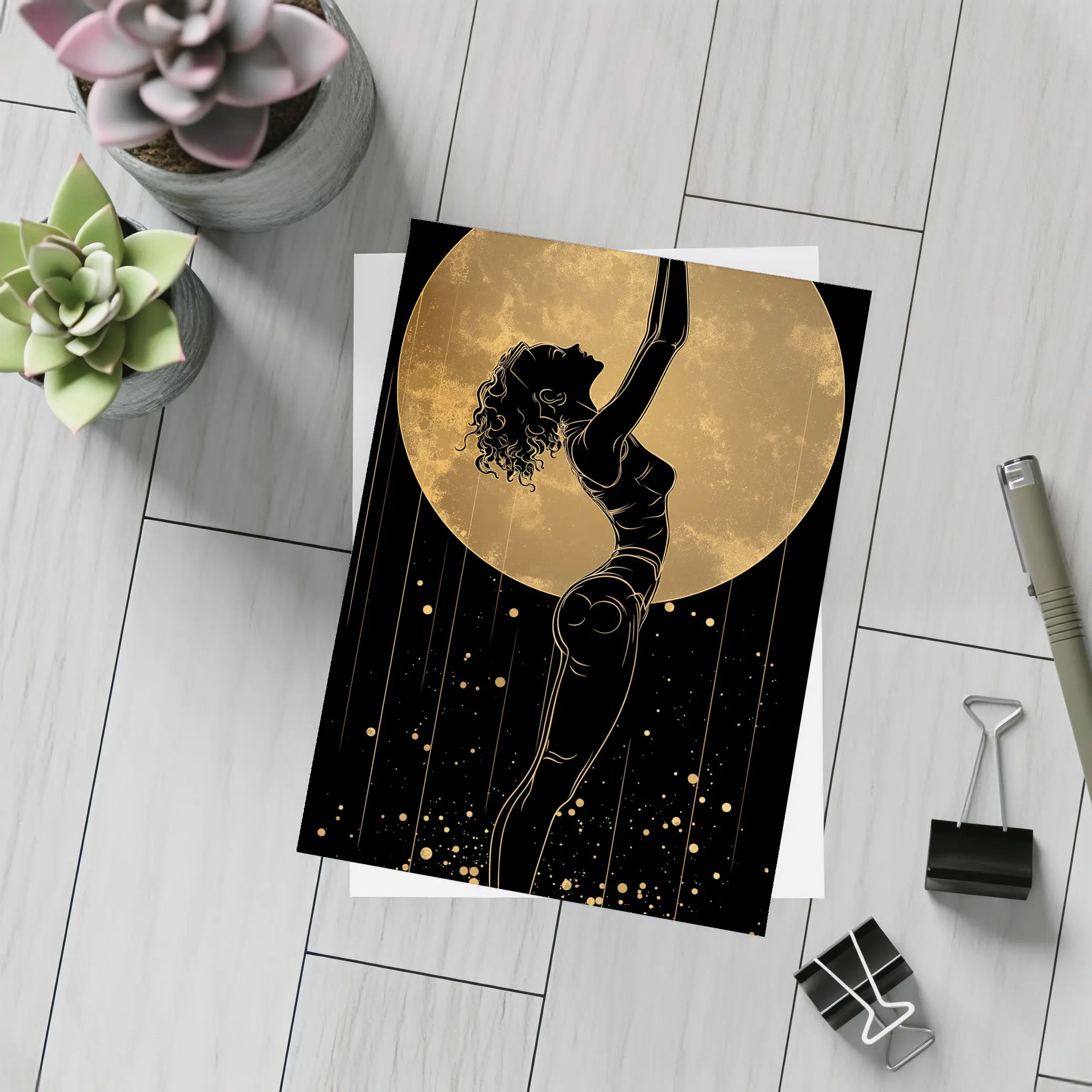 Dancer Silhouette Golden Moon Black Background – Postcards