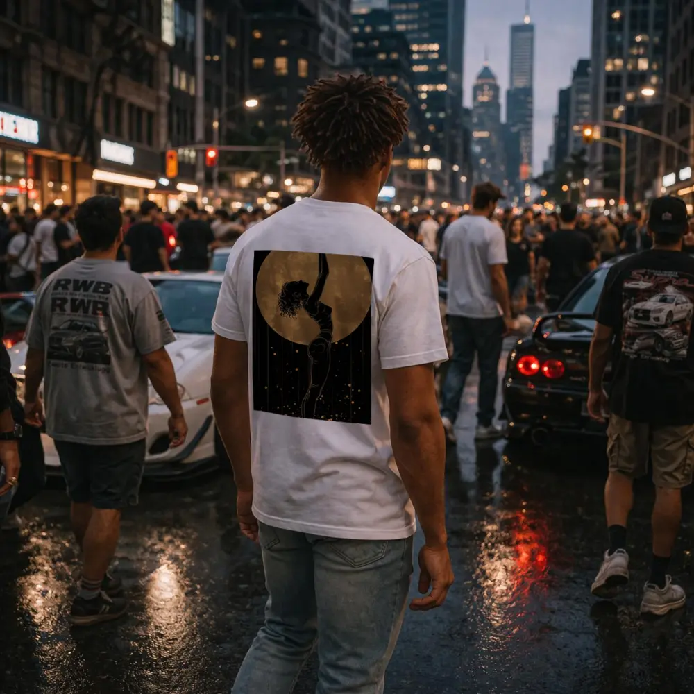 Dancer Silhouette Golden Moon Black Background – T-Shirts