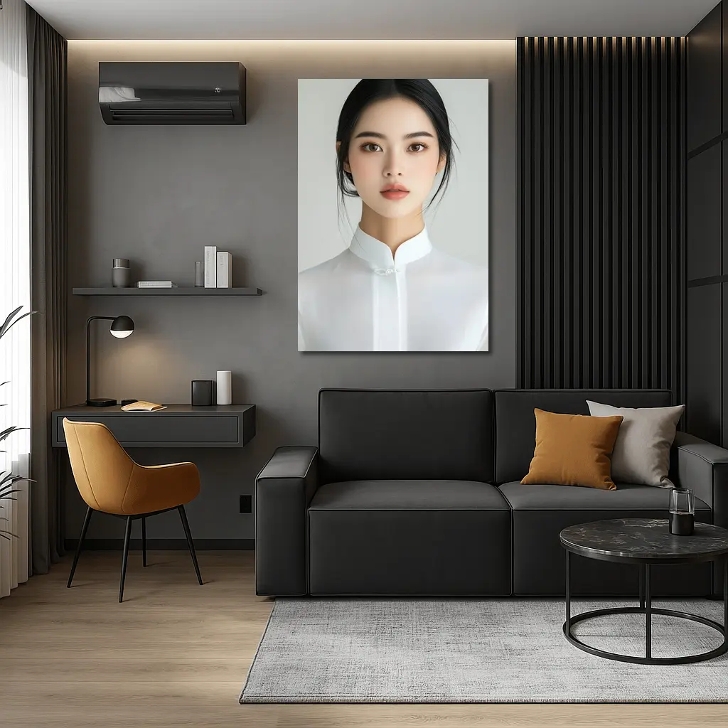 Young Asian Woman White Minimalist Background Portrait – Wall Art