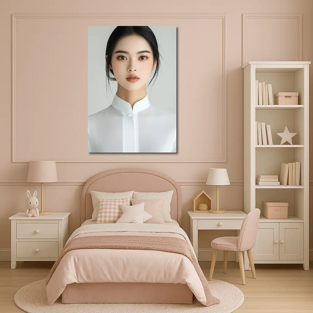 Young Asian Woman White Minimalist Background Portrait – Wall Art
