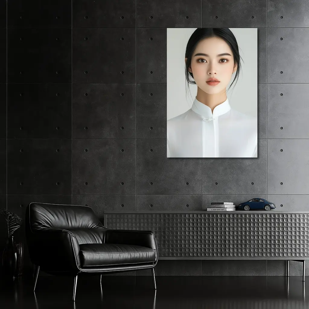 Young Asian Woman White Minimalist Background Portrait – Wall Art