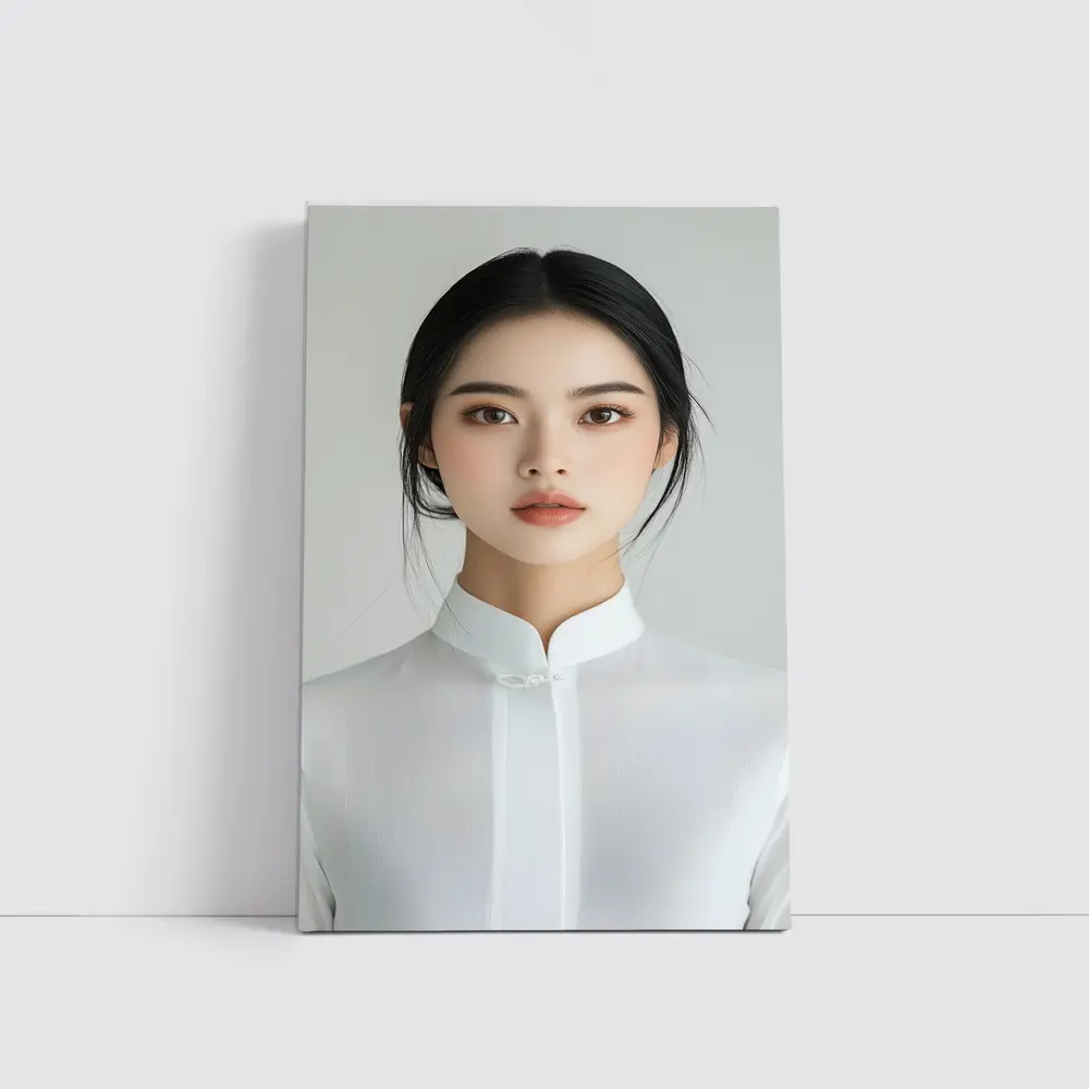 Young Asian Woman White Minimalist Background Portrait – Wall Art