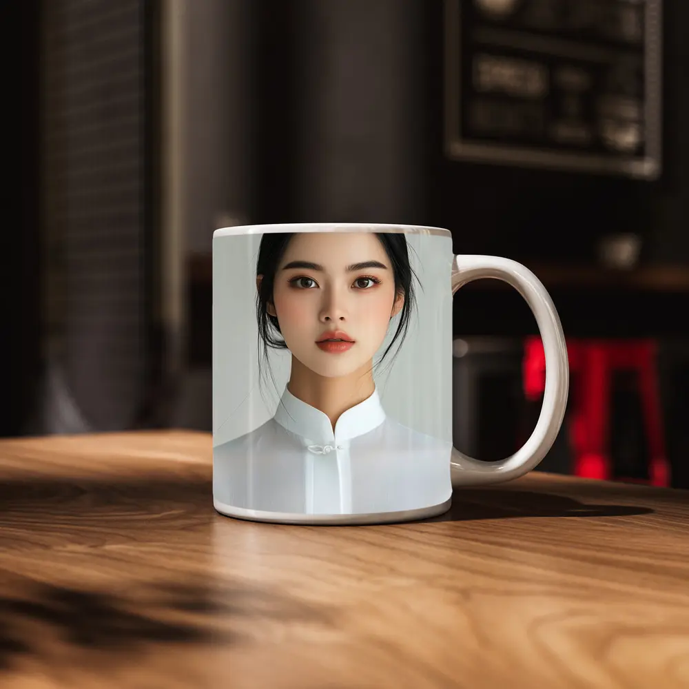 Young Asian Woman White Minimalist Background Portrait – Mugs