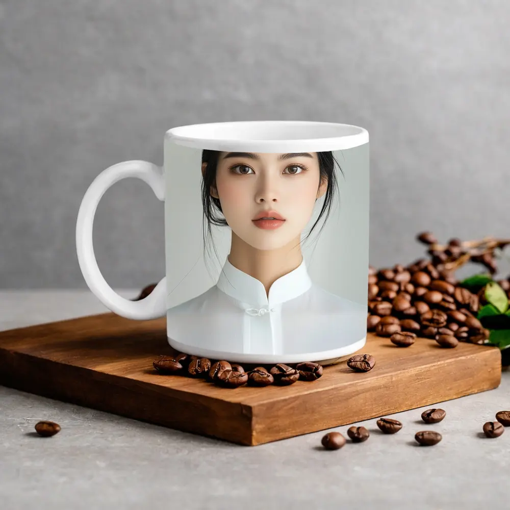 Young Asian Woman White Minimalist Background Portrait – Mugs