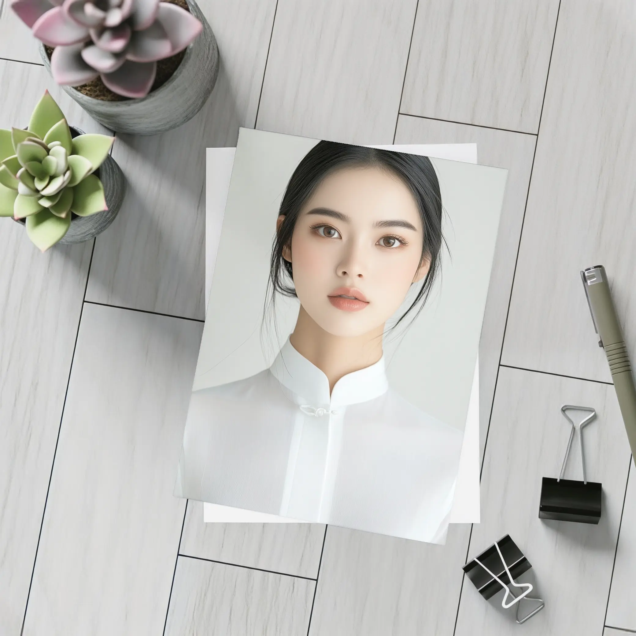 Young Asian Woman White Minimalist Background Portrait – Postcards