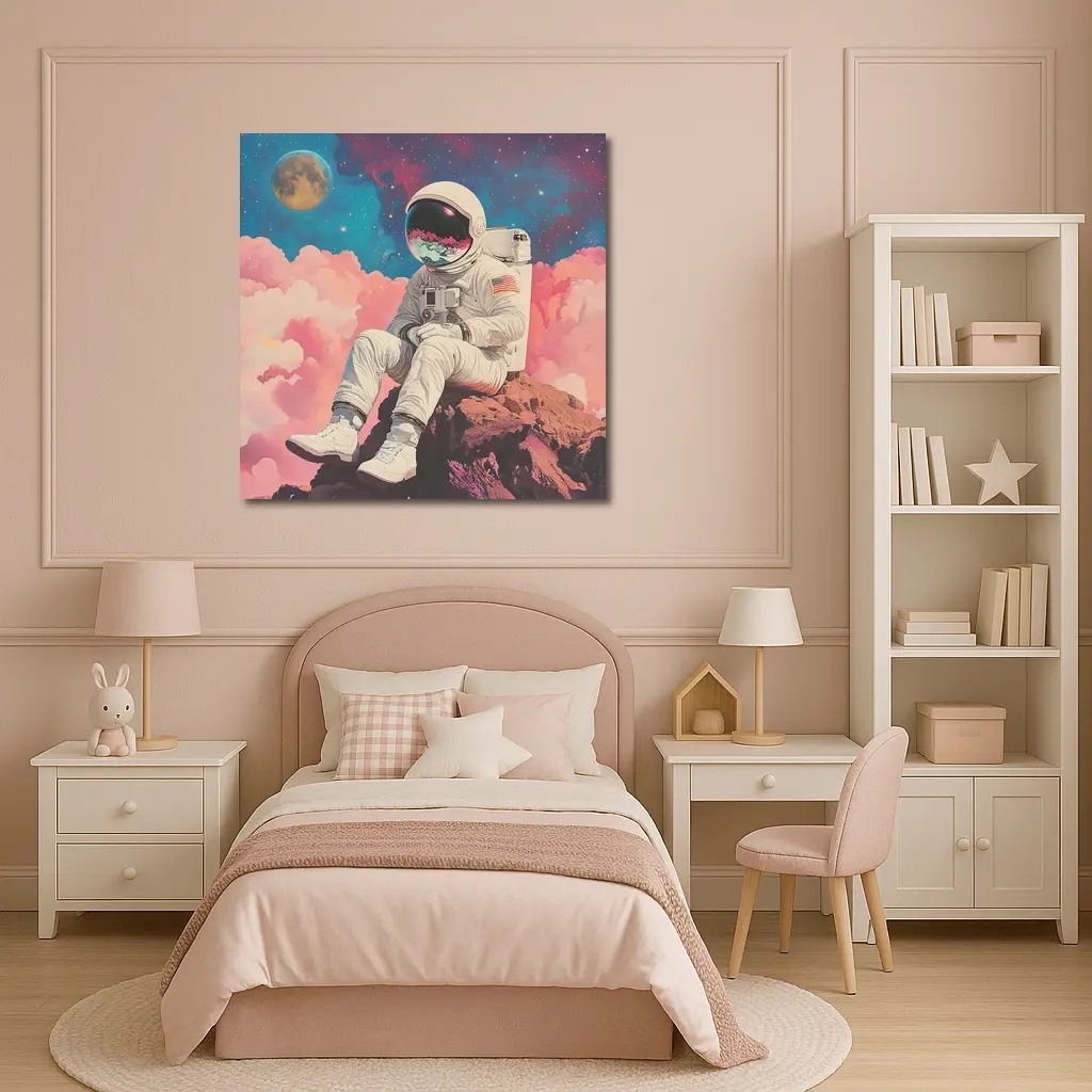 Astronaut Sitting On Rocks Colorful Space – Wall Art