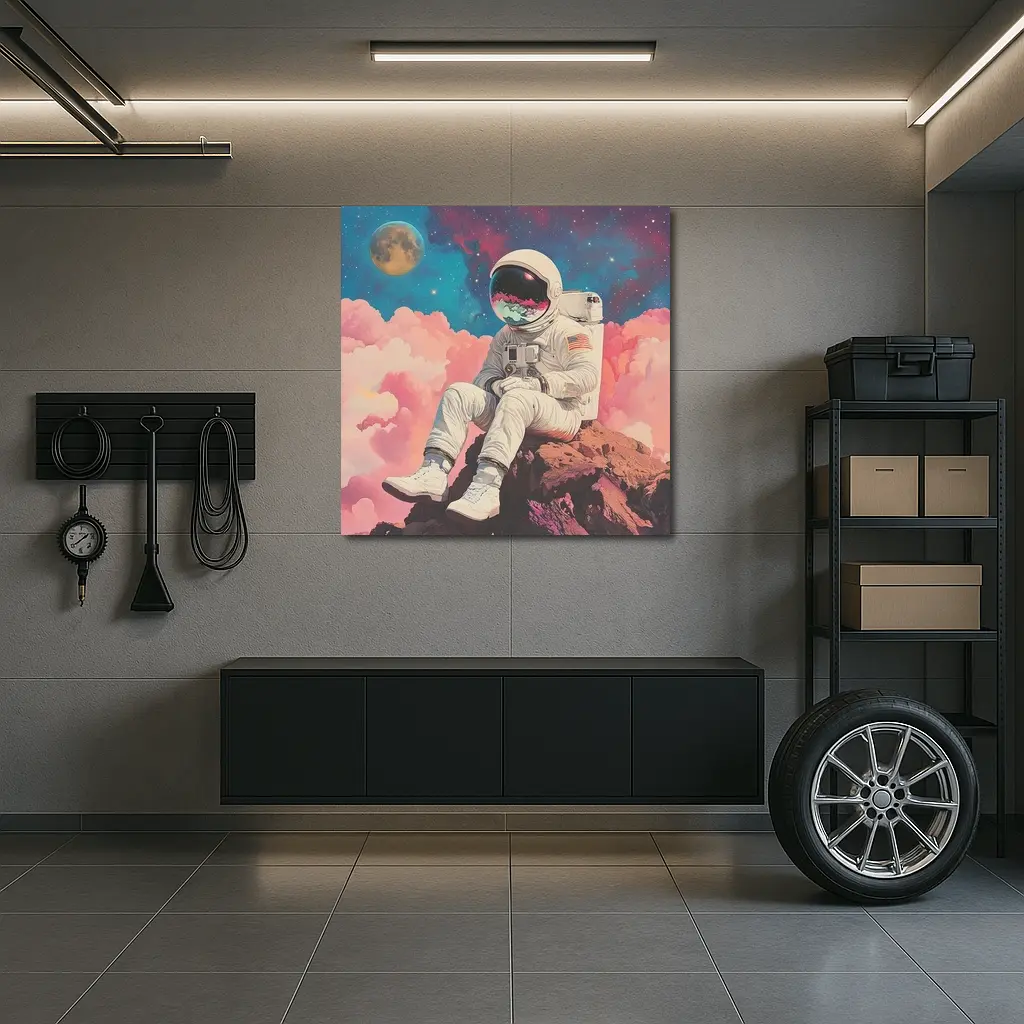 Astronaut Sitting On Rocks Colorful Space – Wall Art