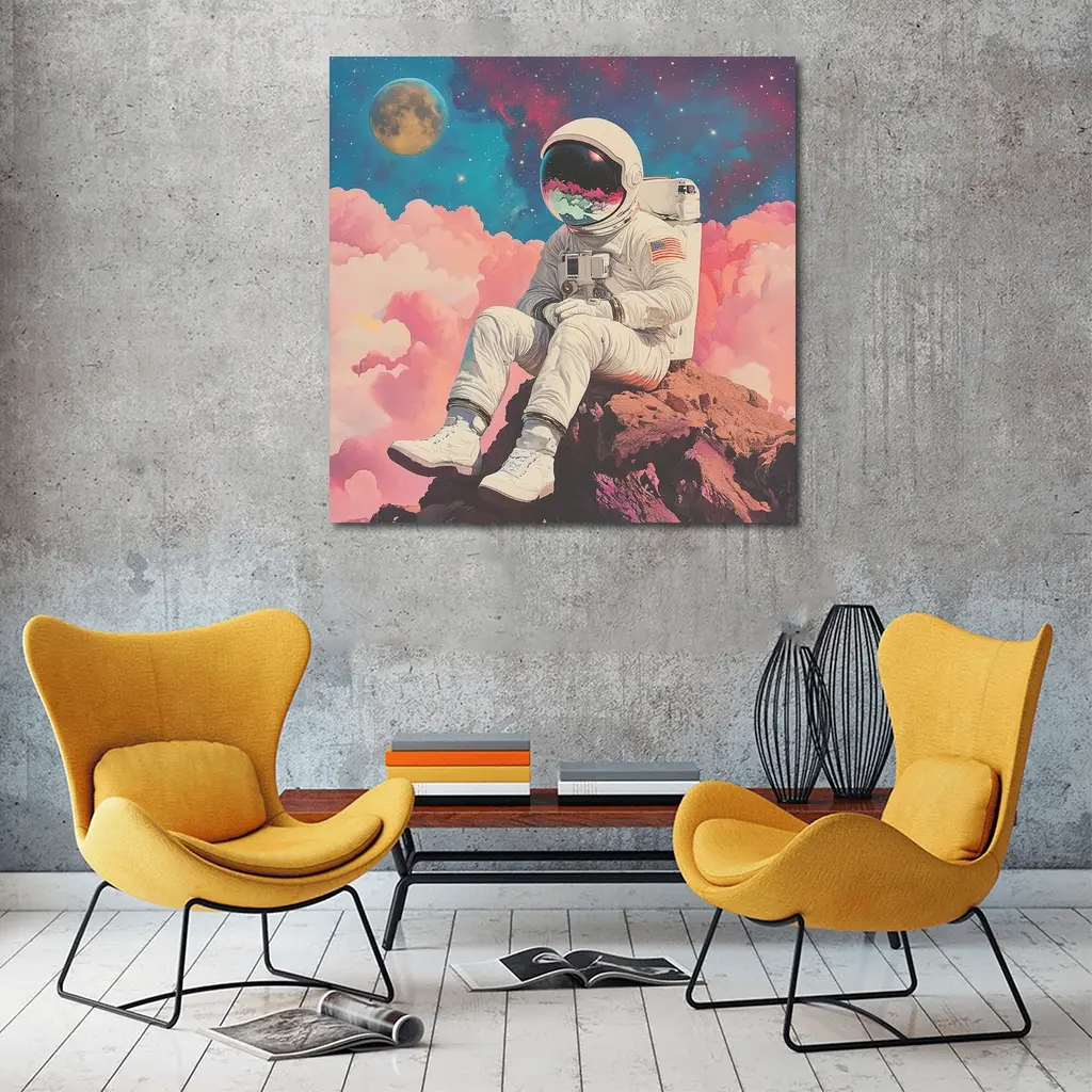 Astronaut Sitting On Rocks Colorful Space – Wall Art