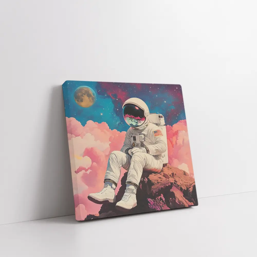 Astronaut Sitting On Rocks Colorful Space – Wall Art