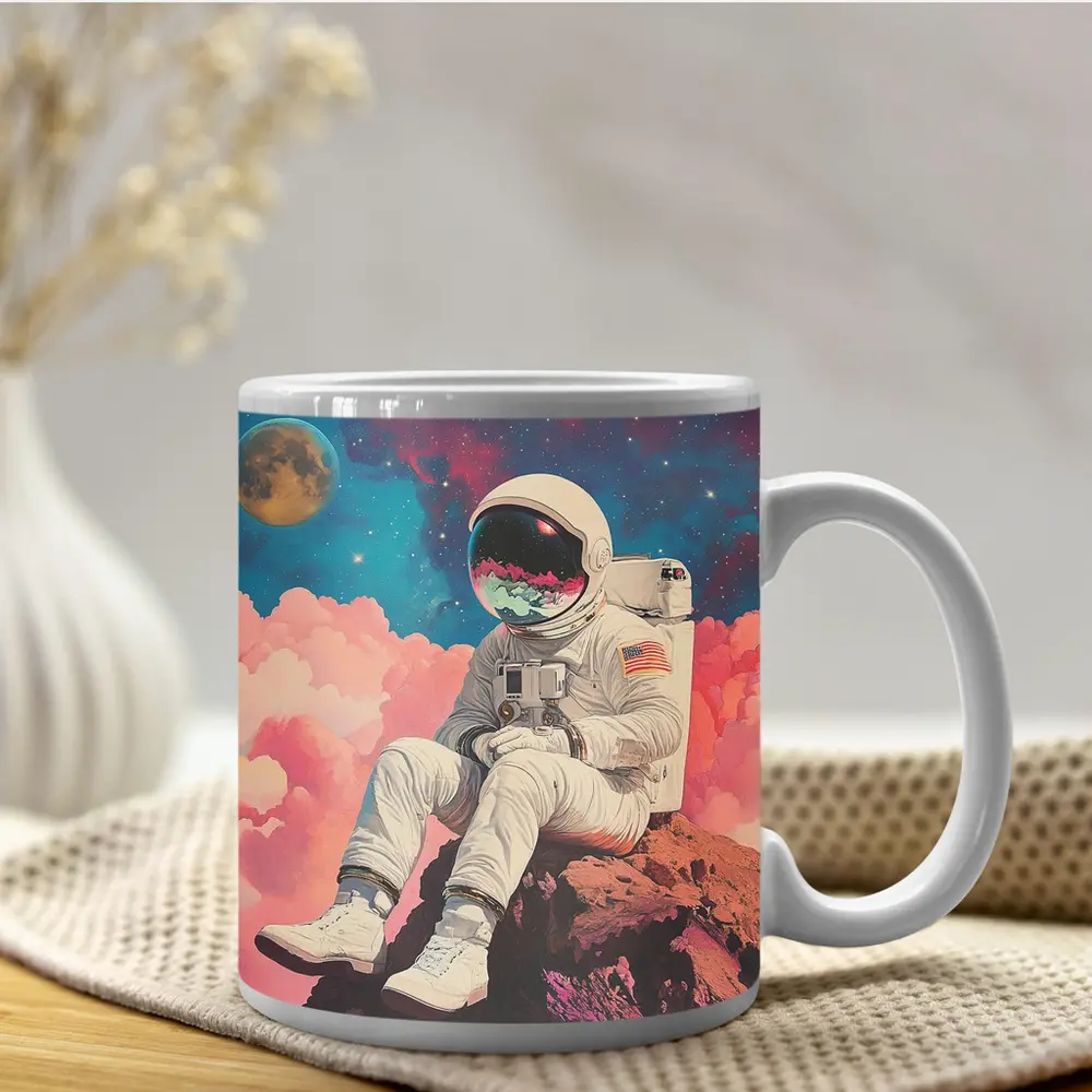 Astronaut Sitting On Rocks Colorful Space – Mugs