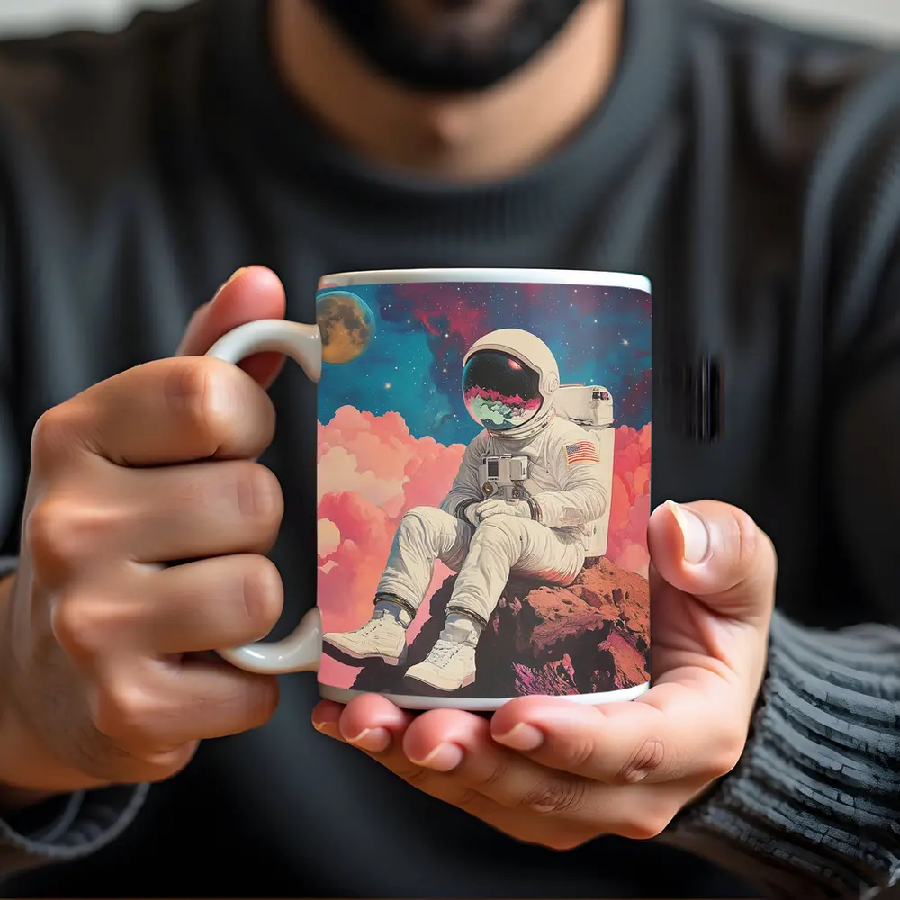 Astronaut Sitting On Rocks Colorful Space – Mugs