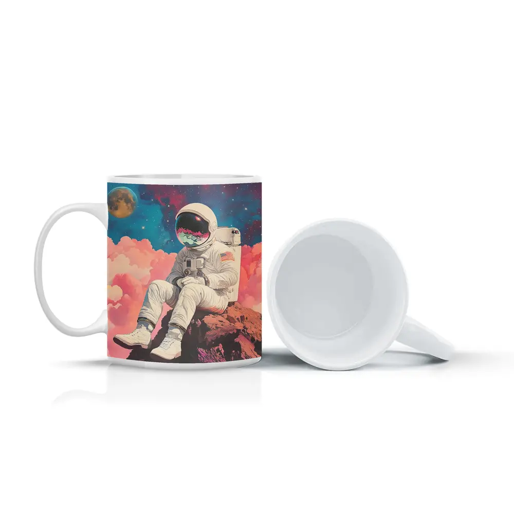 Astronaut Sitting On Rocks Colorful Space – Mugs