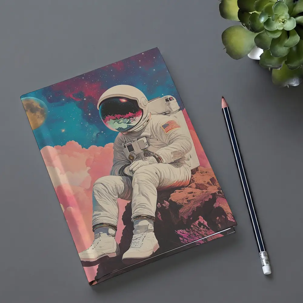 Astronaut Sitting On Rocks Colorful Space – Notebooks
