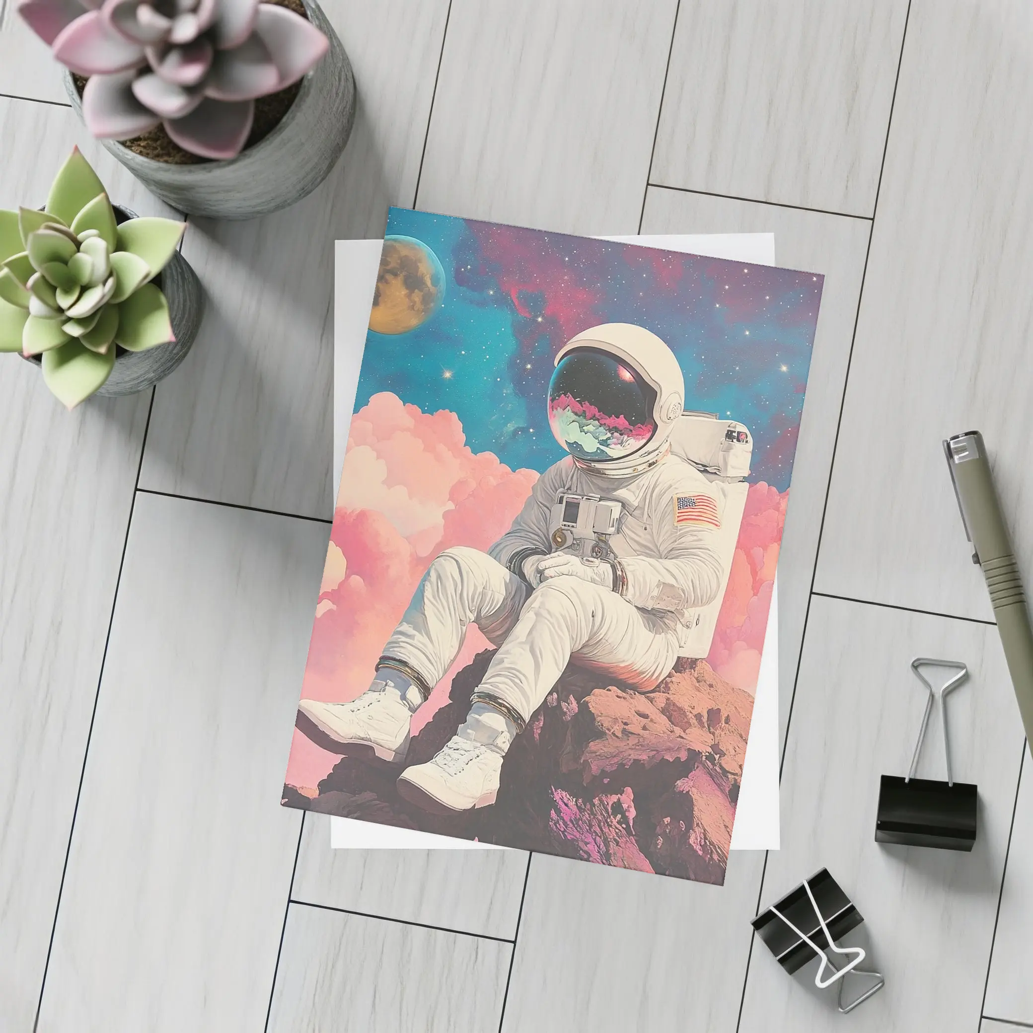 Astronaut Sitting On Rocks Colorful Space – Postcards