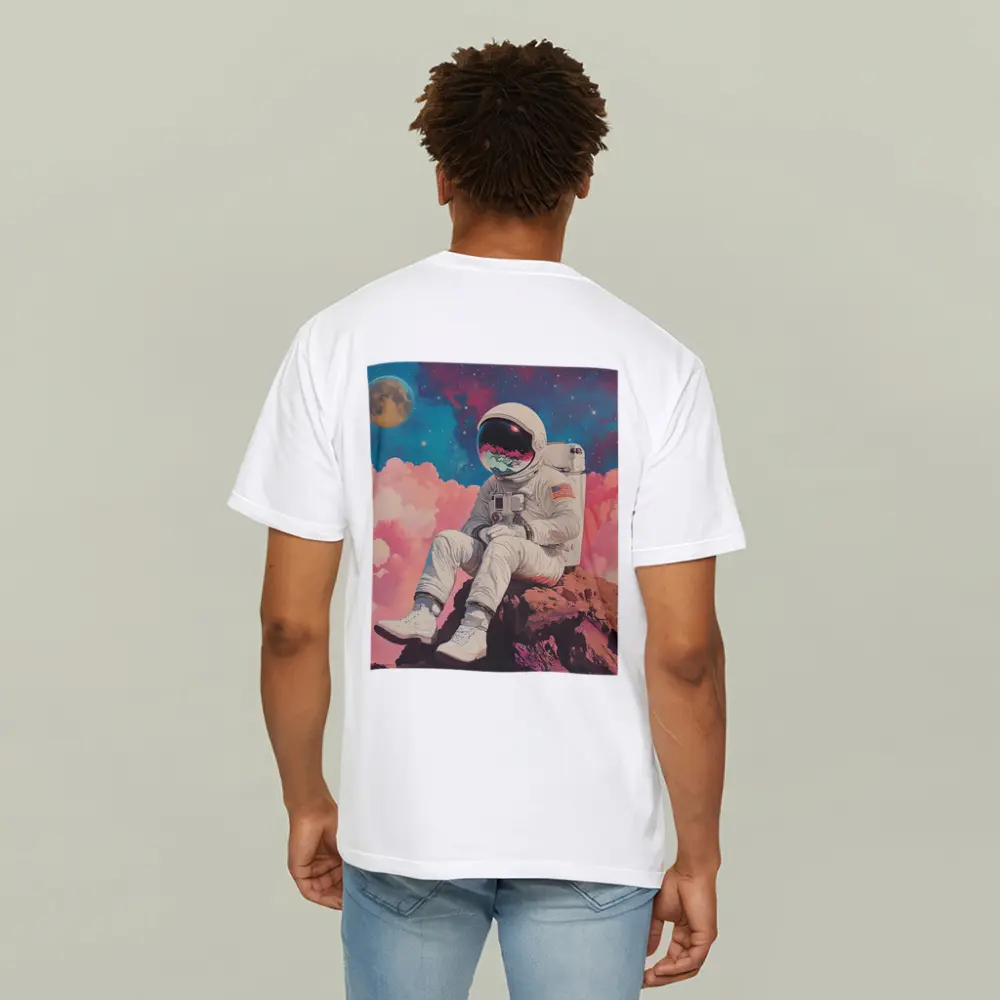 Astronaut Sitting On Rocks Colorful Space – T-Shirts