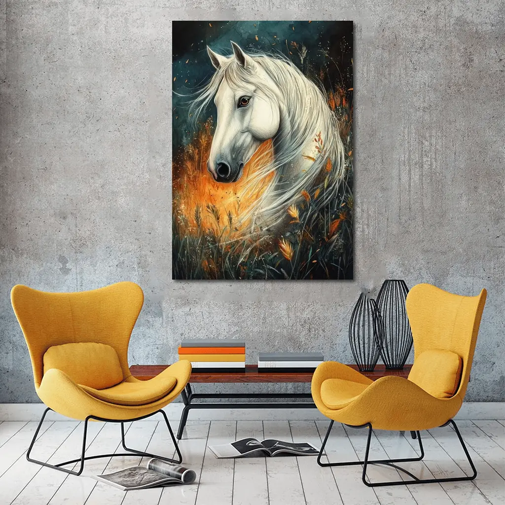 White Horse Portrait Autumn Wild Grasses – Wall Art