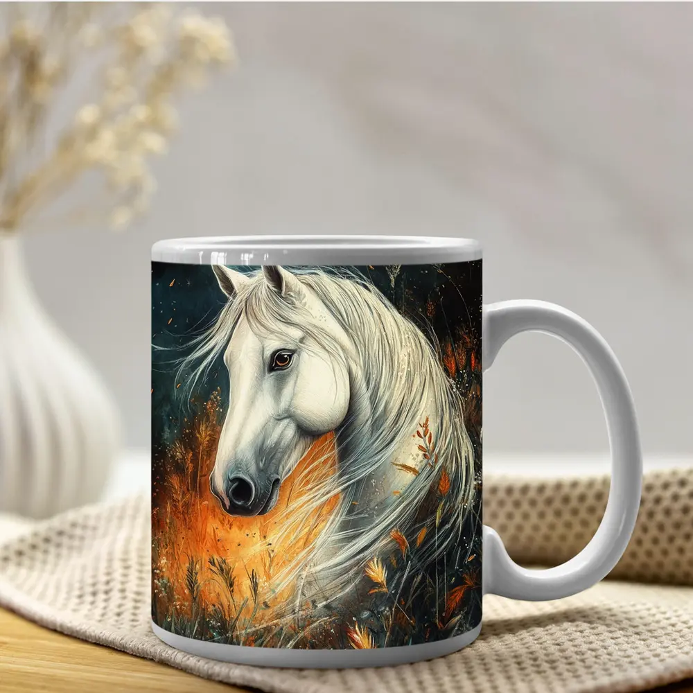 White Horse Portrait Autumn Wild Grasses – Mugs