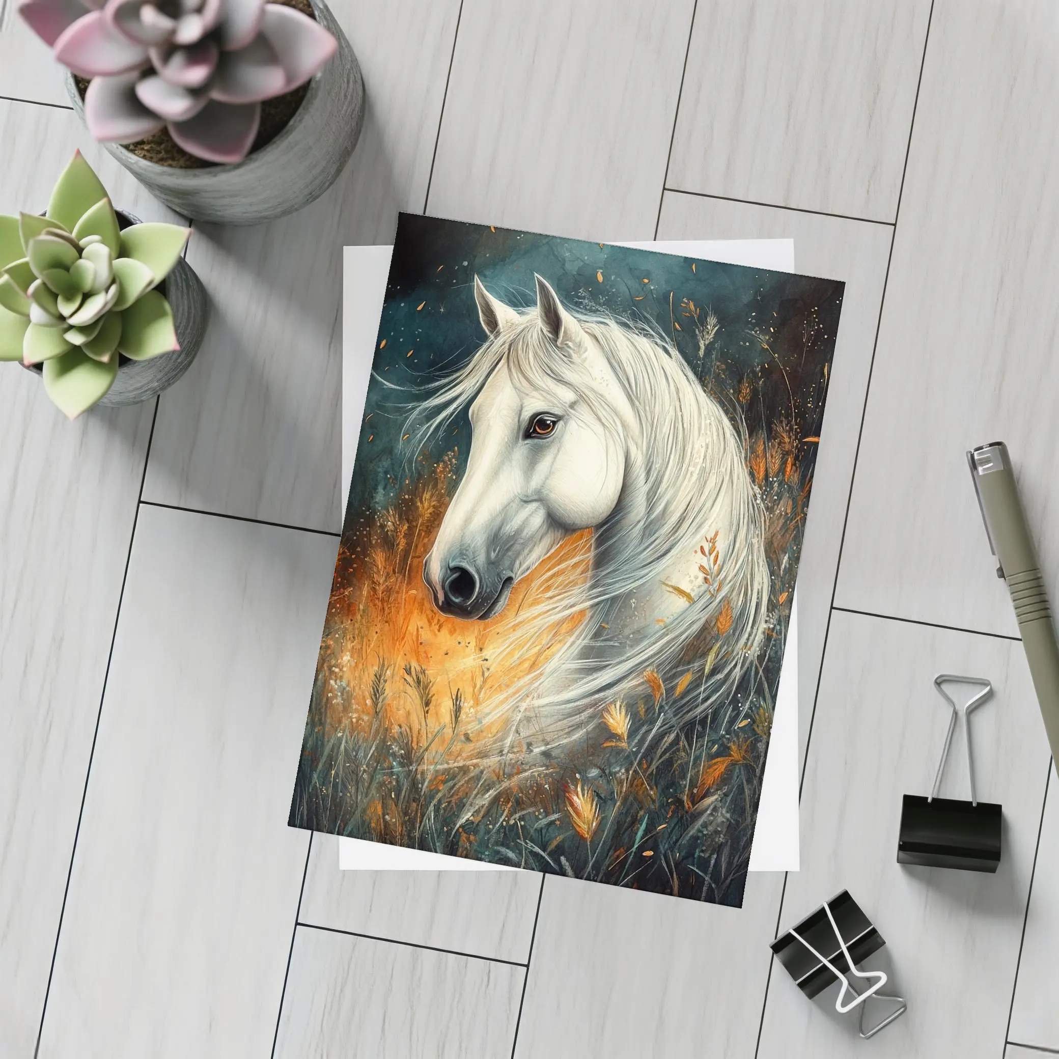 White Horse Portrait Autumn Wild Grasses – Postcards