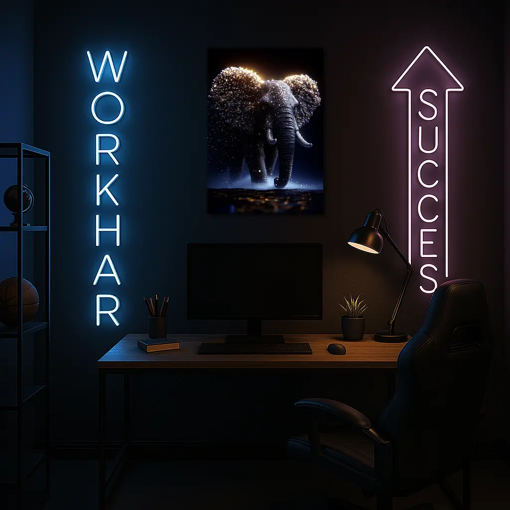 Glowing Elephant Gold Particles Dark Background – Wall Art