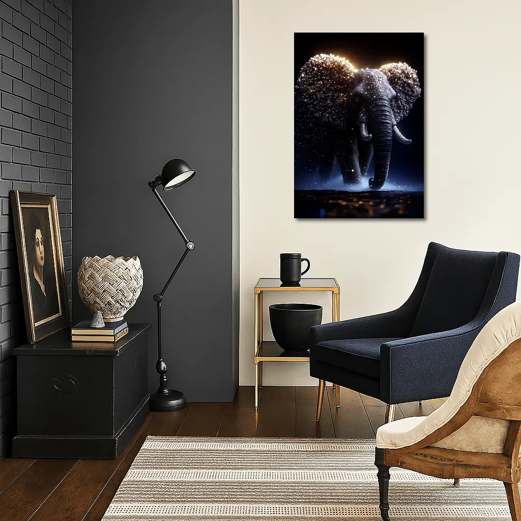 Glowing Elephant Gold Particles Dark Background – Wall Art