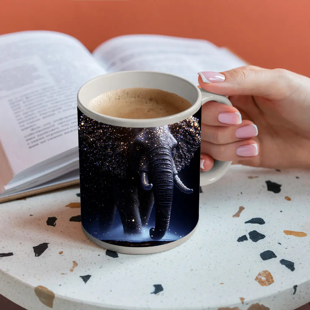 Glowing Elephant Gold Particles Dark Background – Mugs