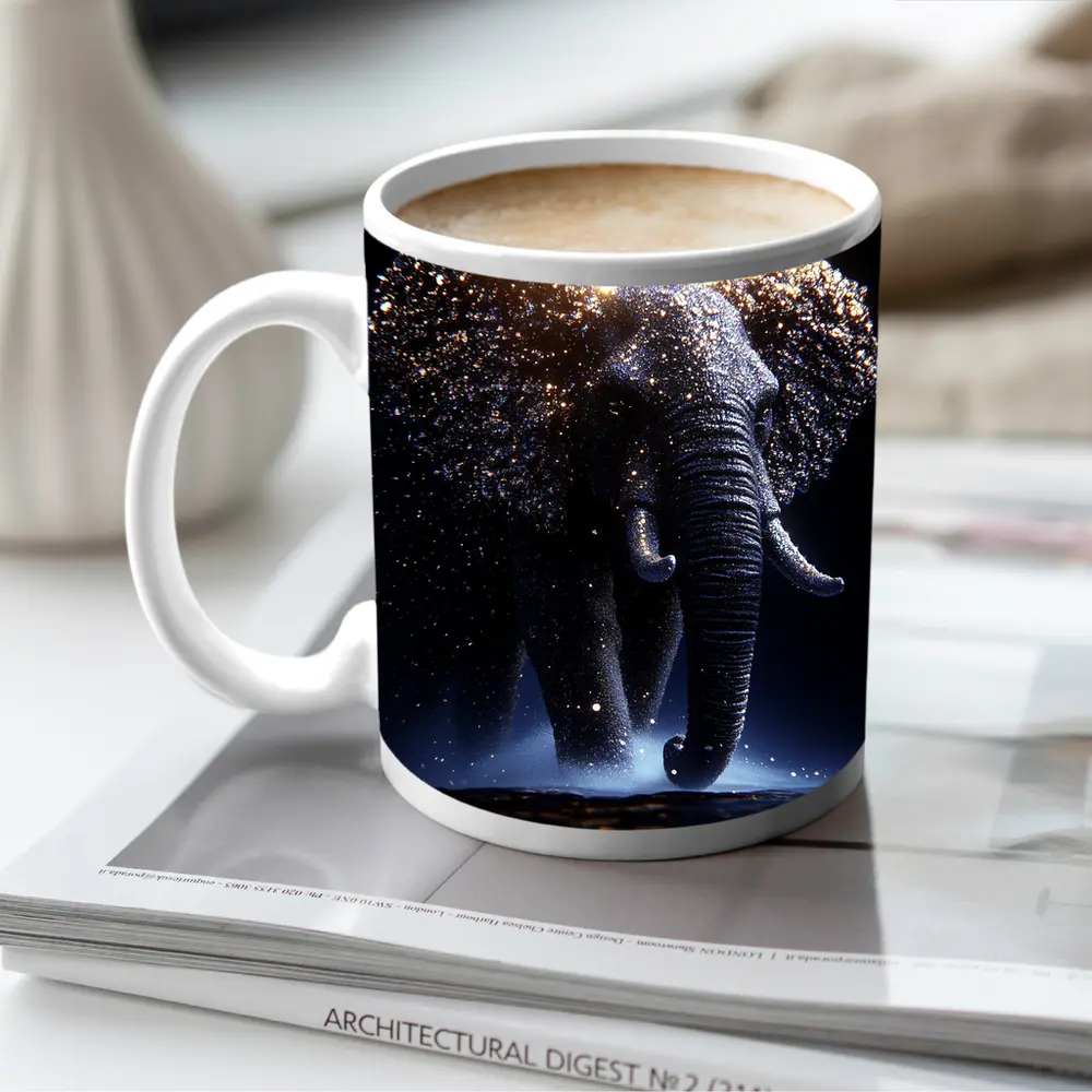 Glowing Elephant Gold Particles Dark Background – Mugs