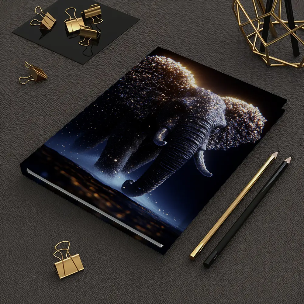 Glowing Elephant Gold Particles Dark Background – Notebooks