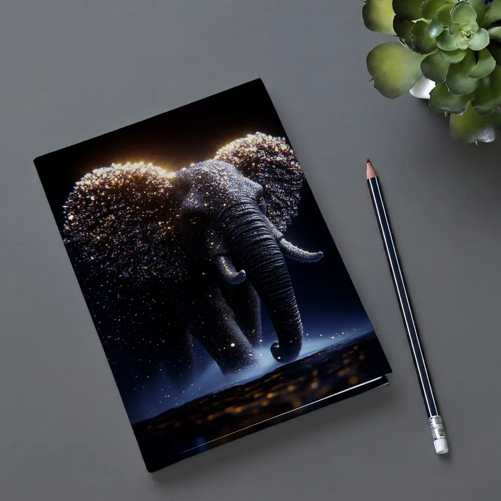 Glowing Elephant Gold Particles Dark Background – Notebooks