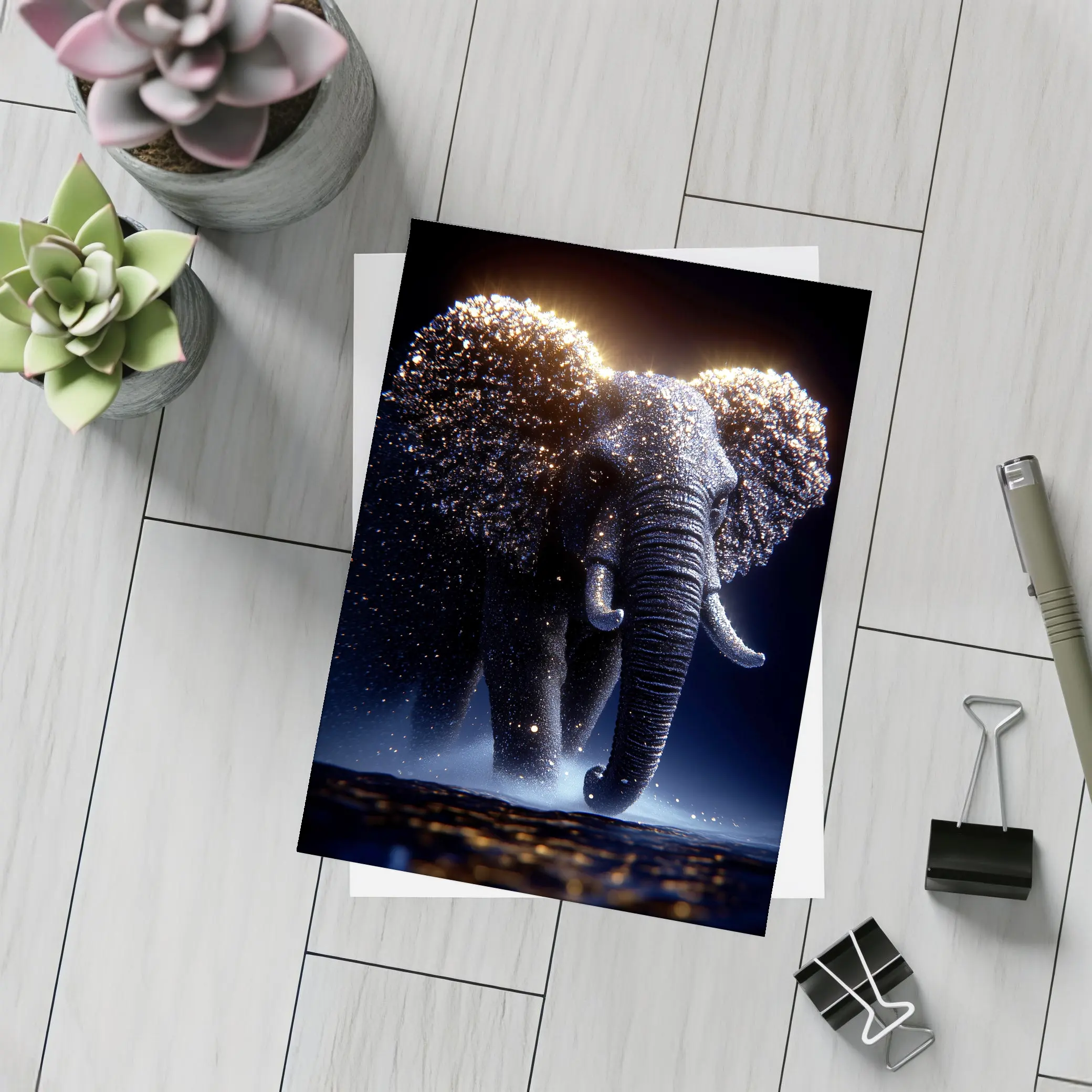 Glowing Elephant Gold Particles Dark Background – Postcards