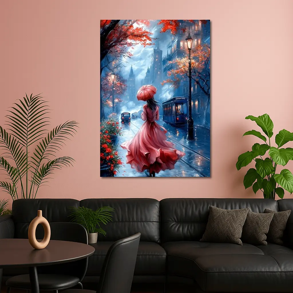 Woman Red Dress Rainy City Street Art – Wall Art