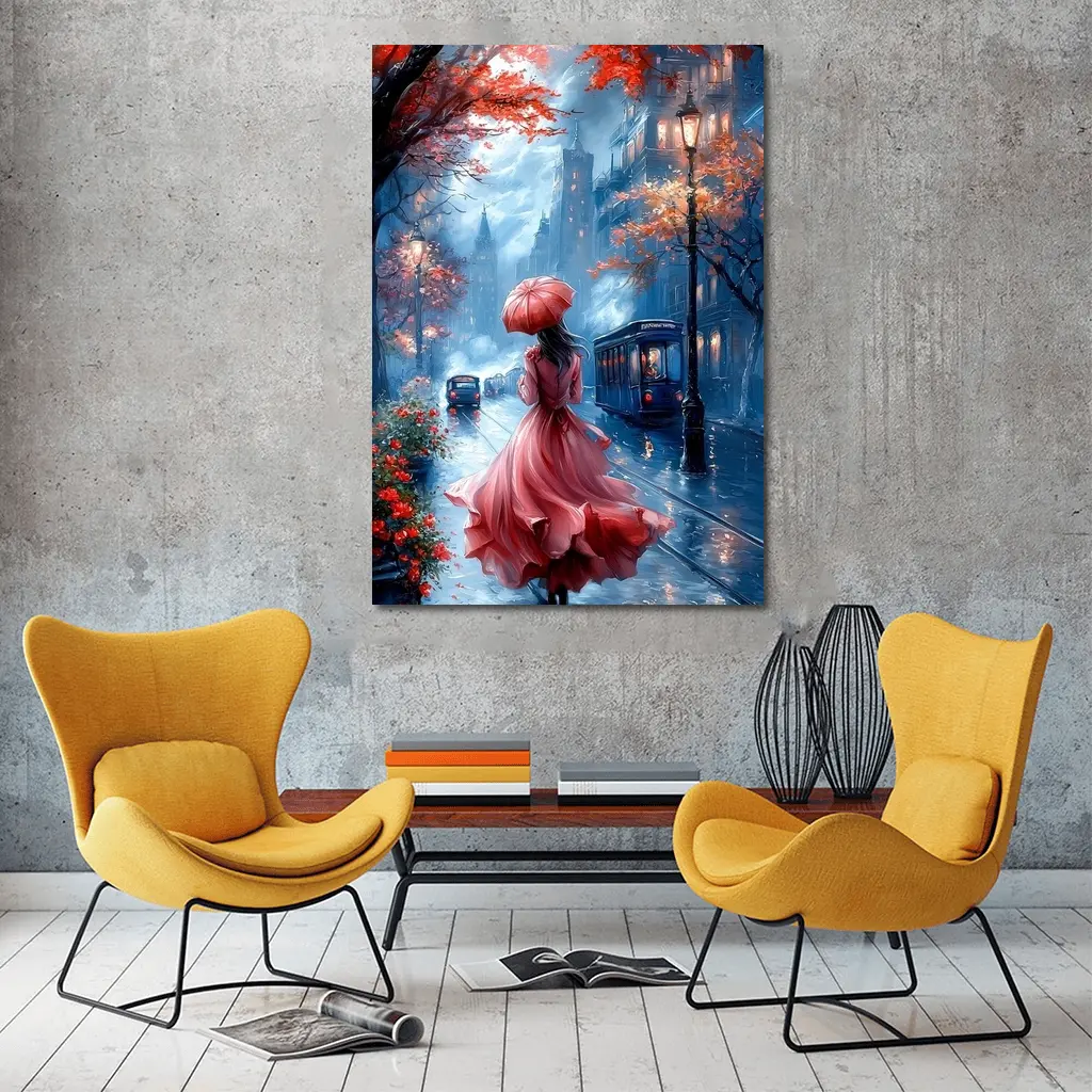 Woman Red Dress Rainy City Street Art – Wall Art