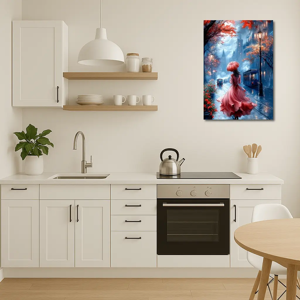 Woman Red Dress Rainy City Street Art – Wall Art