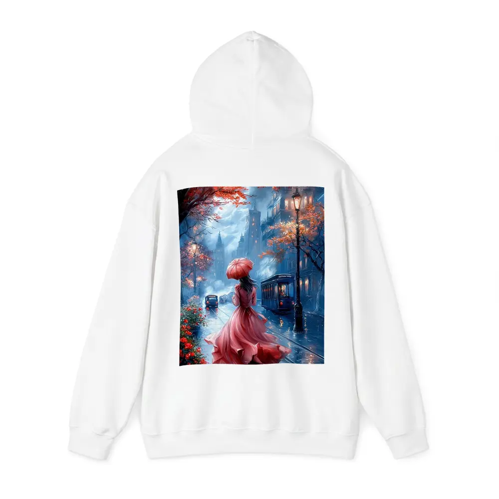 Woman Red Dress Rainy City Street Art – Hoodies