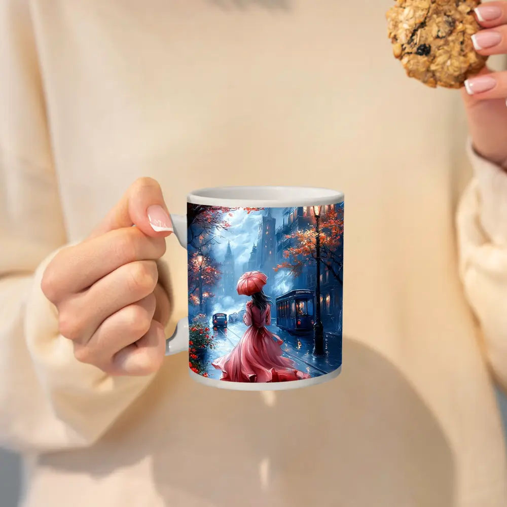 Woman Red Dress Rainy City Street Art – Mugs