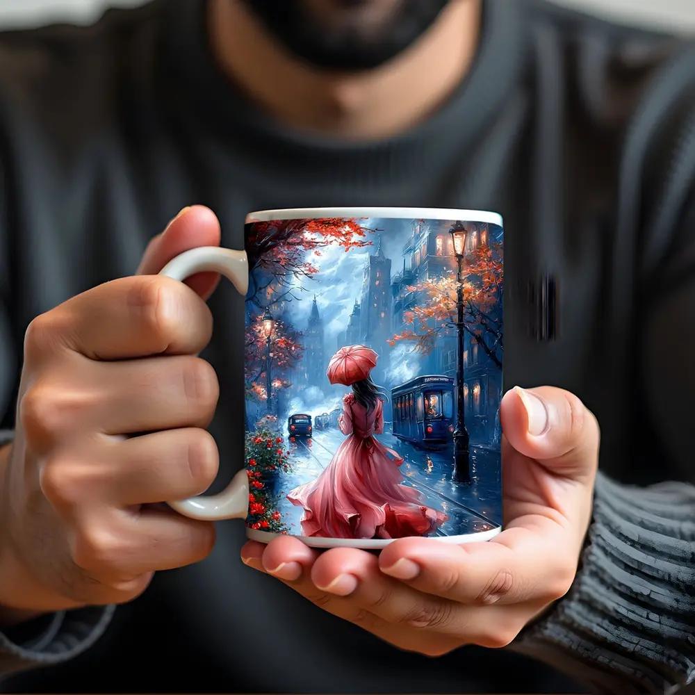 Woman Red Dress Rainy City Street Art – Mugs