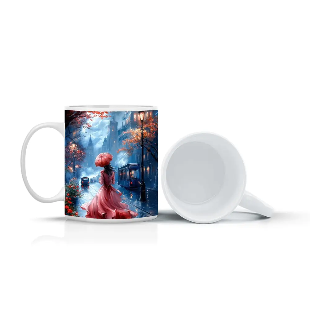 Woman Red Dress Rainy City Street Art – Mugs