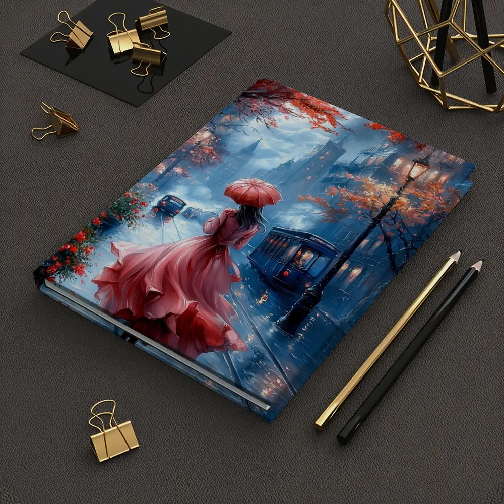 Woman Red Dress Rainy City Street Art – Notebooks