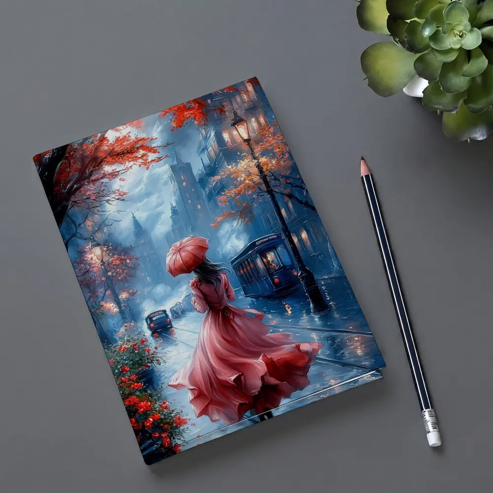 Woman Red Dress Rainy City Street Art – Notebooks