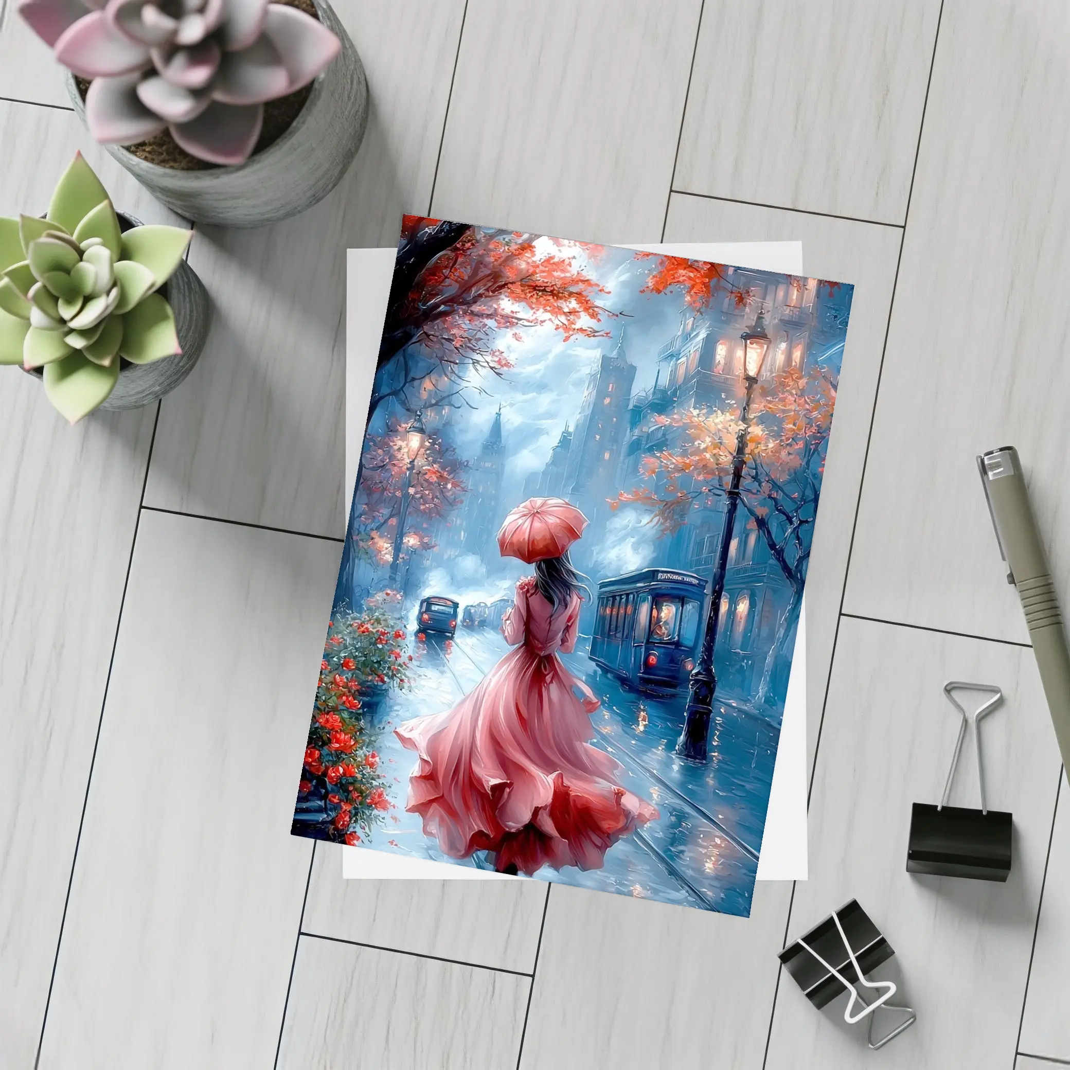Woman Red Dress Rainy City Street Art – Postcards
