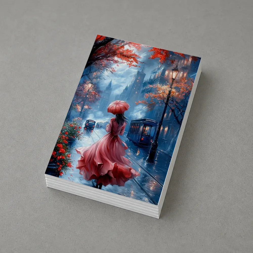 Woman Red Dress Rainy City Street Art – Postcards