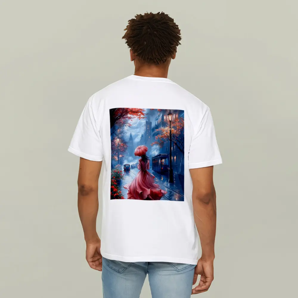 Woman Red Dress Rainy City Street Art – T-Shirts