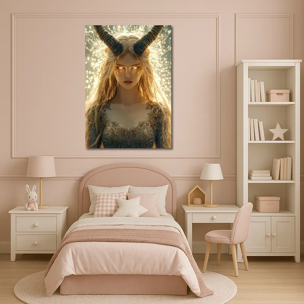 Golden Horned Fantasy Woman Glowing Light – Wall Art
