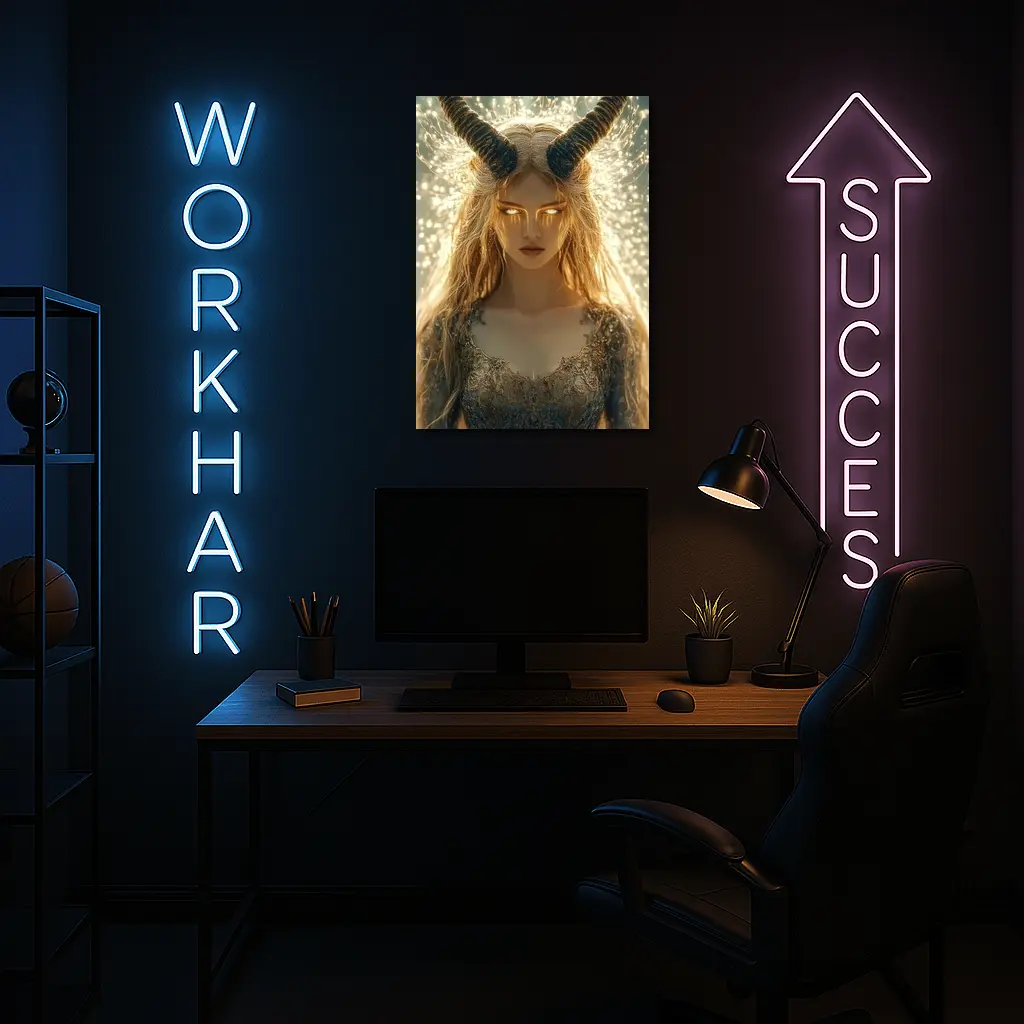 Golden Horned Fantasy Woman Glowing Light – Wall Art