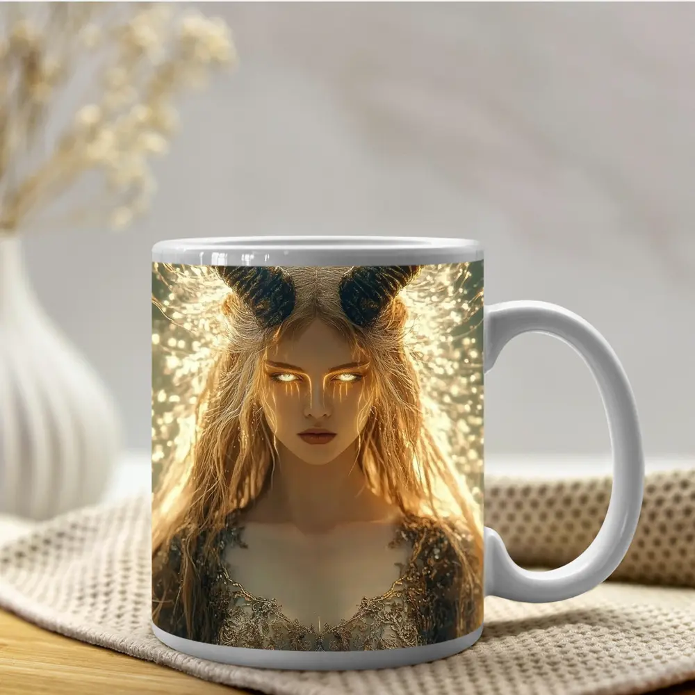 Golden Horned Fantasy Woman Glowing Light – Mugs