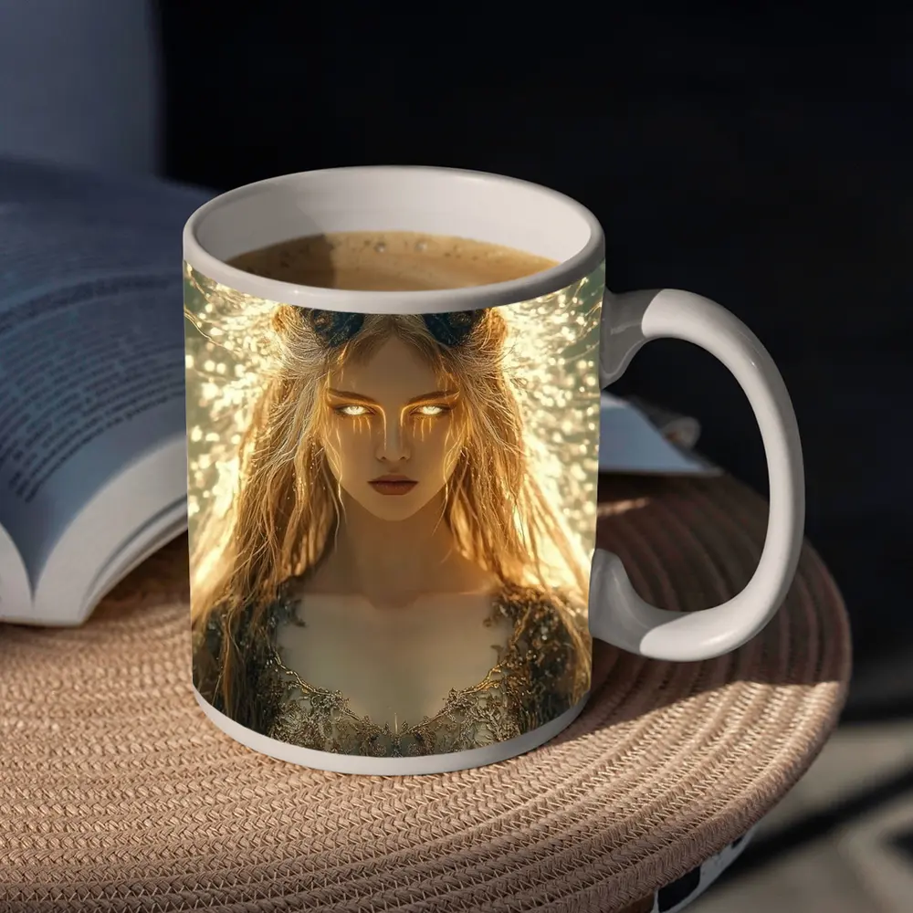Golden Horned Fantasy Woman Glowing Light – Mugs