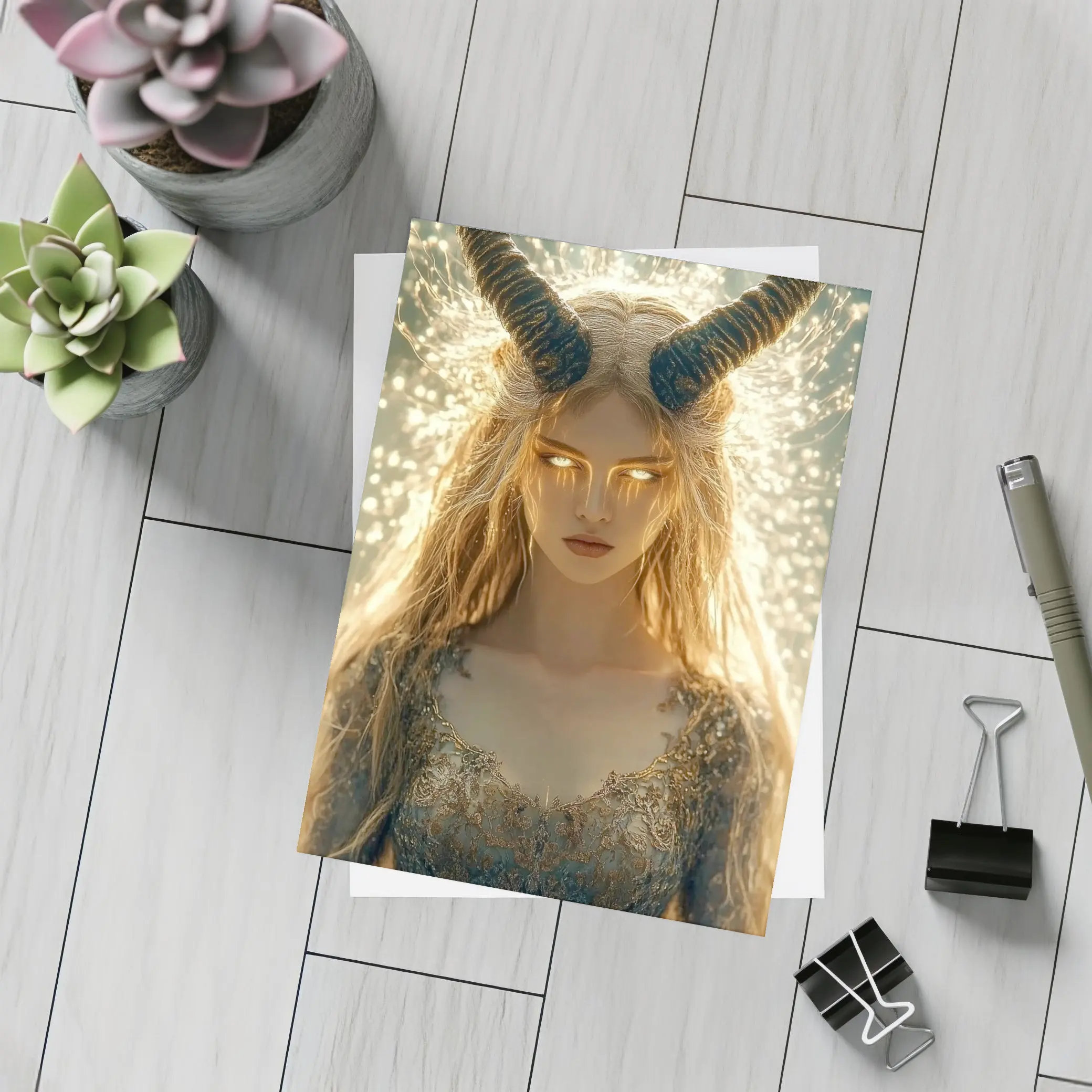 Golden Horned Fantasy Woman Glowing Light – Postcards