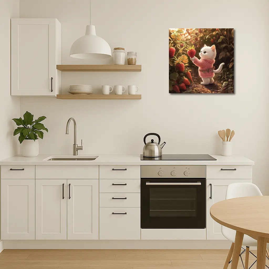 White Kitten Picking Strawberries Garden Art – Wall Art