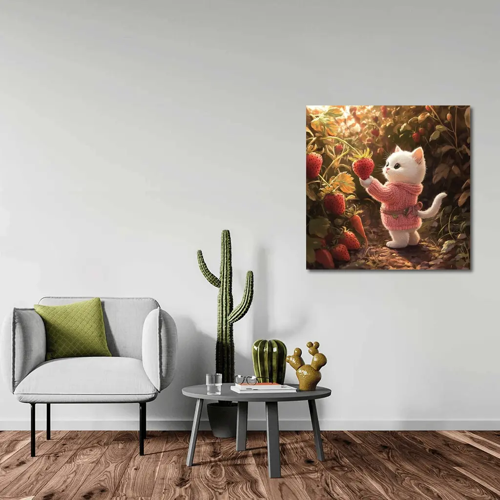 White Kitten Picking Strawberries Garden Art – Wall Art